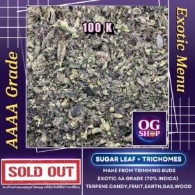 Sugar leaf + Trichomes เศษดอก + ใบทริมติดไตรโคม สายพันธุ์ 100 K (Exotic genetix) Sugar leaf 100 ฿/g รายละเอียด/กลิ่น/อาการ/THC Information/Smell/Effect/Order ช่อดอกบ่มอย่างน้อย 1 เดือน ณ วันที่ลงขาย (ไม่รวมตาก) Cannabis buds  is curing 1 month up before sell