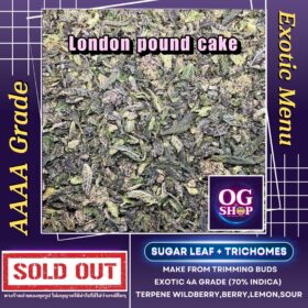 Sugar leaf + Trichomes เศษดอก + ใบทริมติดไตรโคม สายพันธุ์ London pound cake (Blimburn seeds) Sugar leaf 100 ฿/g รายละเอียด/กลิ่น/อาการ/THC Information/Smell/Effect/Order ช่อดอกบ่มอย่างน้อย 1 เดือน ณ วันที่ลงขาย (ไม่รวมตาก) Cannabis buds  is curing 1 month up before sell
