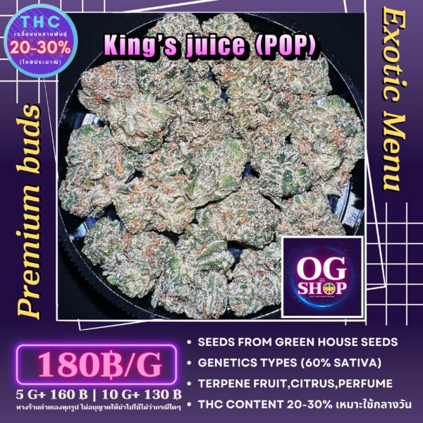Cannabis flower Name : King's juice (Green house seeds) Grow by OG team From OG shop Thailand Cannabis Popcorn Buds Fruity Aroma 180/g King's juice (Green house seeds) ปลูกโดย OG team จาก OG shop ประเทศไทย