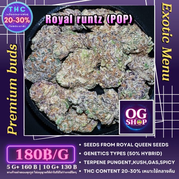 Cannabis flower Name : Royal runtz (Royal queen seeds) Grow by OG team From OG shop Thailand Hybrid Weed Popcorn Buds 180/g Royal runtz (Royal queen seeds) ปลูกโดย OG team จาก OG shop ประเทศไทย
